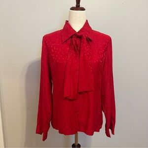 Vintage Red Patterned Rafella 100% Silk Tie Neck Button Down Blouse Size 12